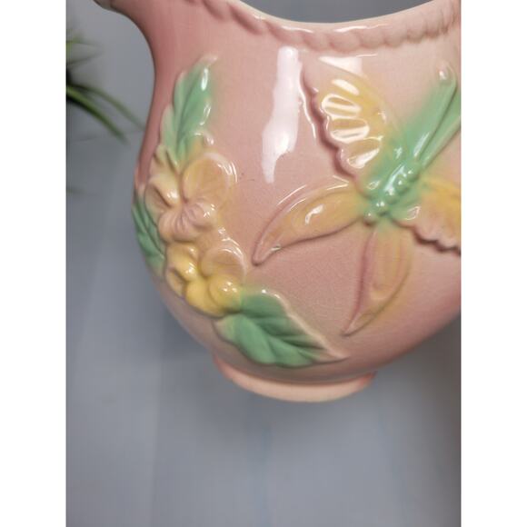 Vintage Pink Pitcher Wall Pocket Hull Pottery 81, Butterfly Floral Kitschy Decor - Picture 2 of 5